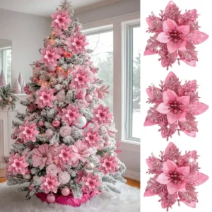 Glitter Artifical Pink Flowers Christmas Tree Decorations